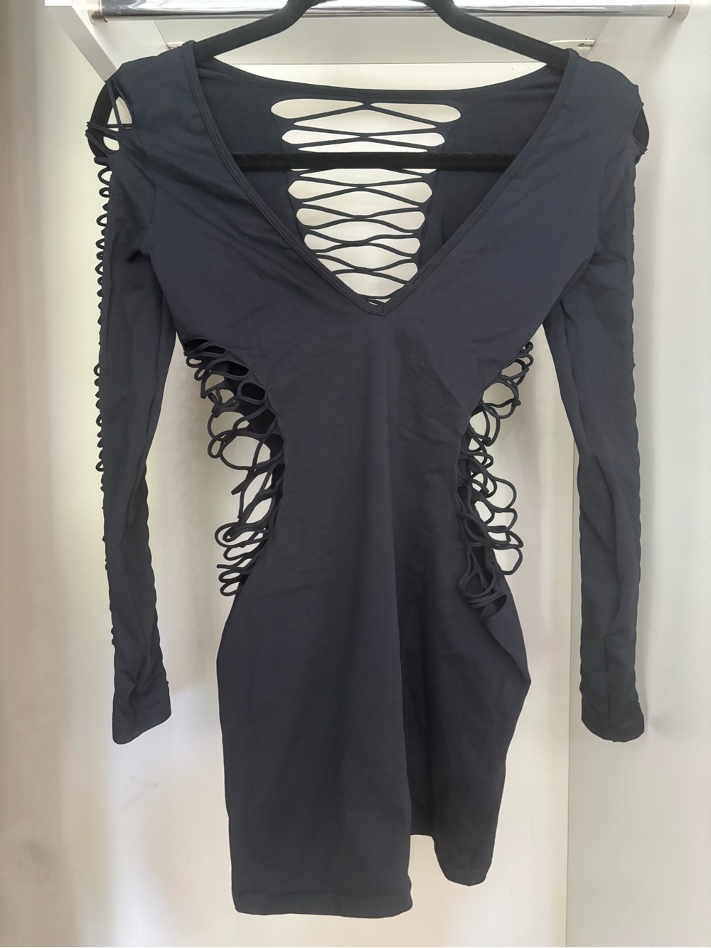 Black Cutout Bodycon Dress Size Small Long Sleeve Goth Punk Night Out - Picture 2 of 2
